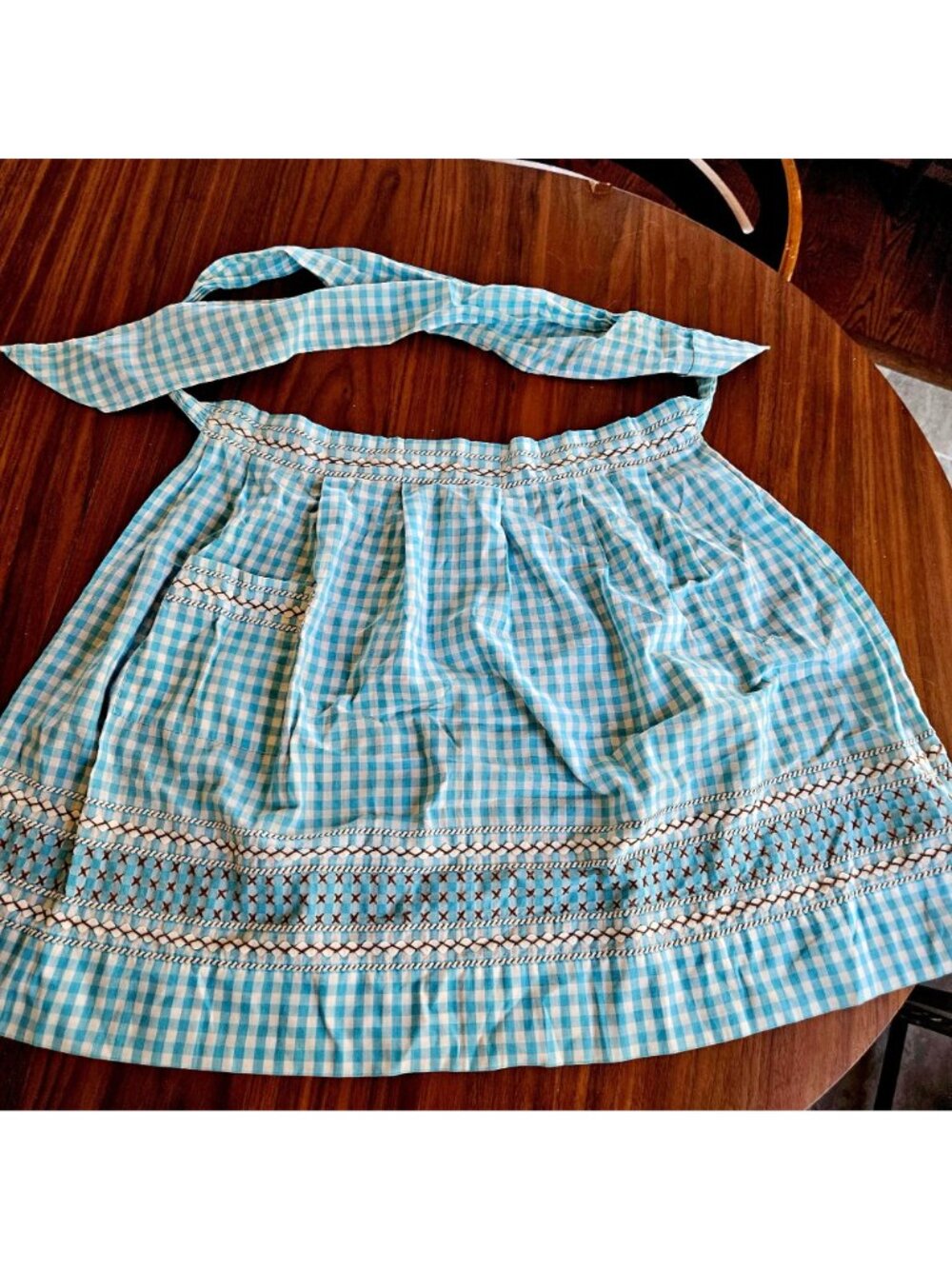 Vintage Handmade Turquoise Gingham Half Apron Hand Embroidery Rickrack Cotton - Picture 2 of 16